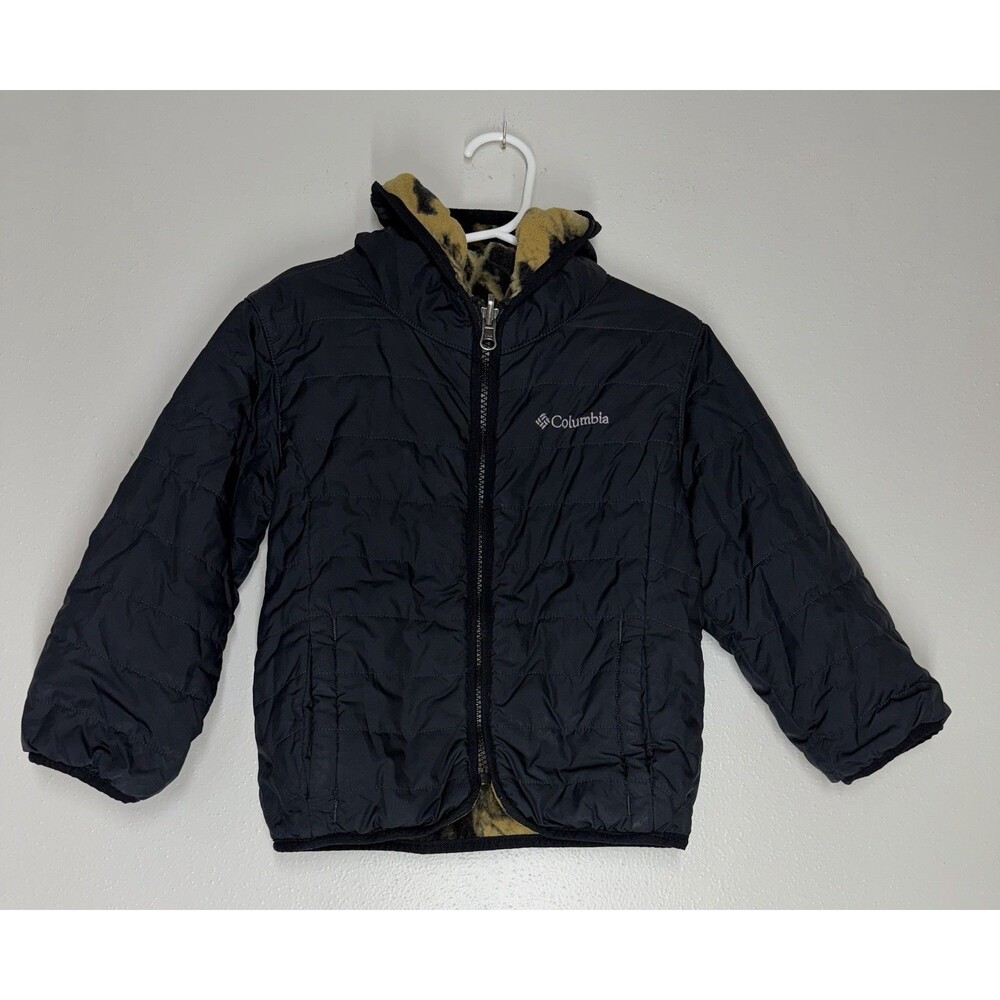 Columbia Reversible black Puffer Jacket Hooded camo Fleece Hunting Outdoor 4T